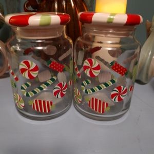 Two festive Christmas Anchor Hocking candy jars